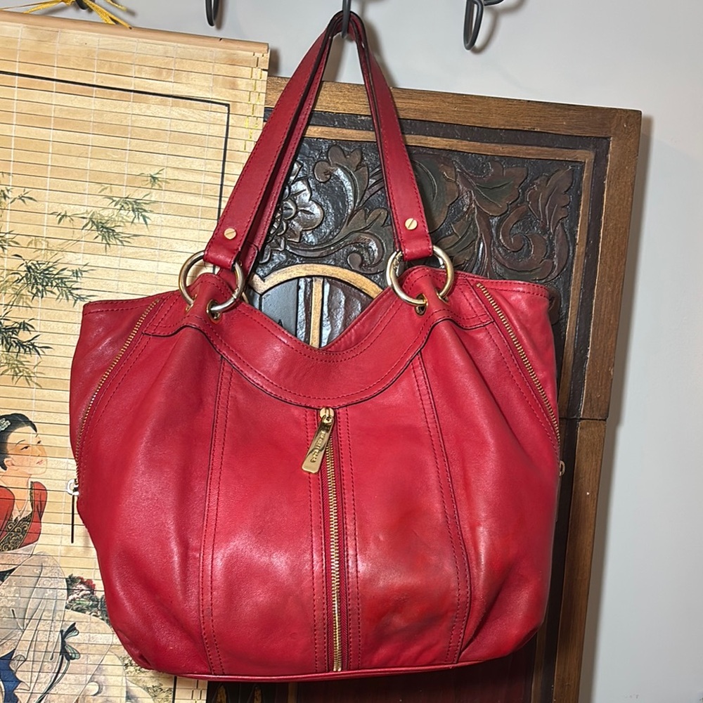 MICHAEL Michael Kors Hobo Bag Red Leather Zipper Sides, Pocket 12”Lx12”Hx3.25”W